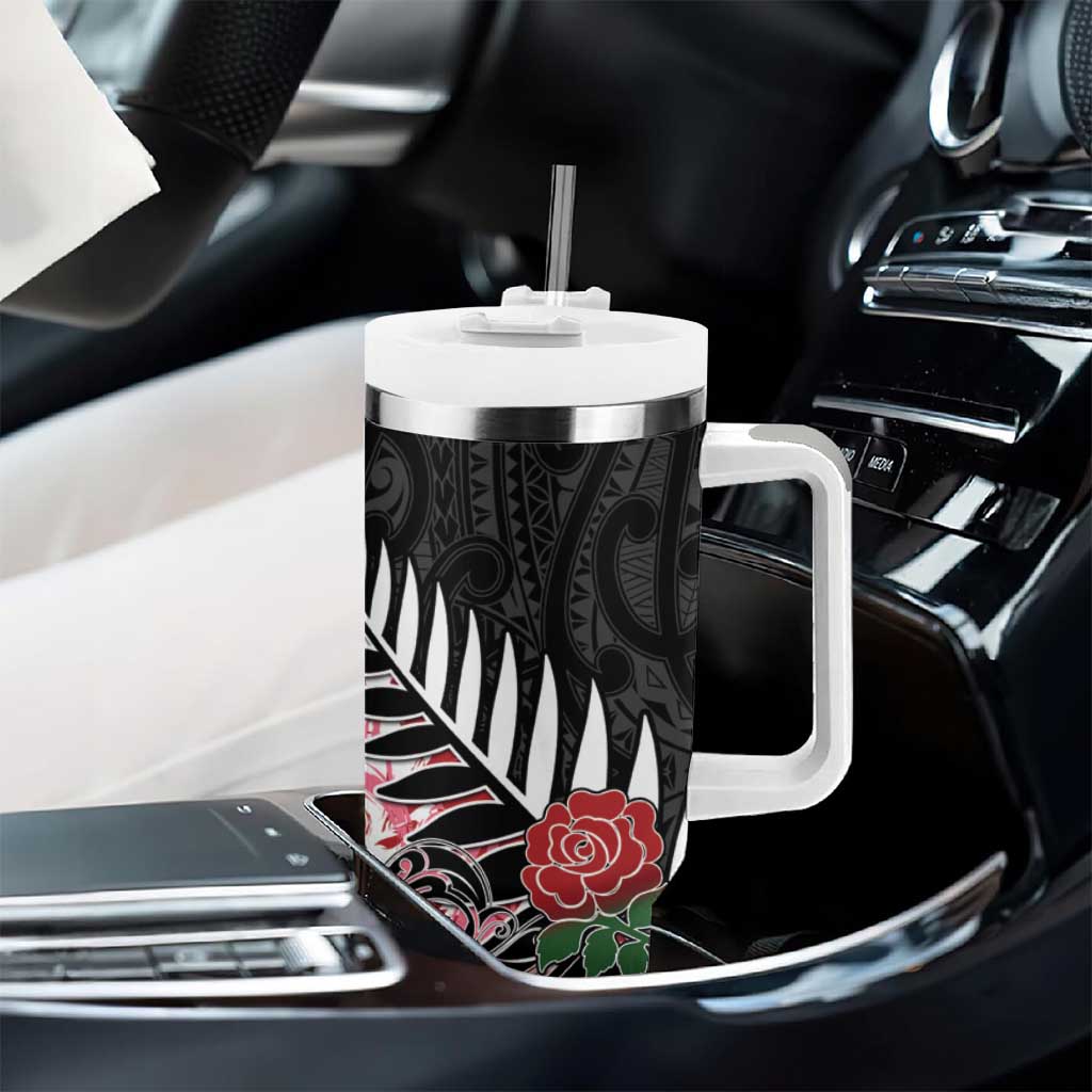New Zealand and England Rugby Tumbler With Handle Silver Fern With Red Rose - Wonder Print Shop