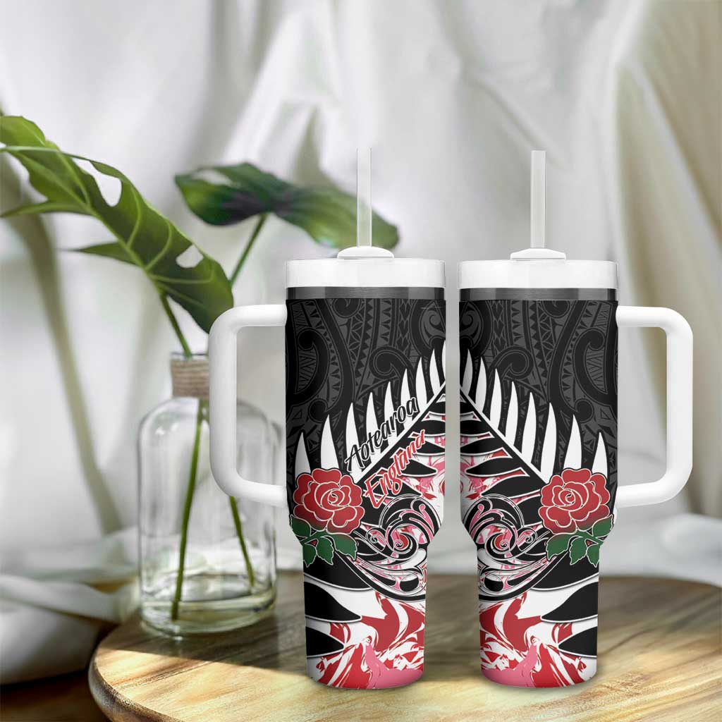 New Zealand and England Rugby Tumbler With Handle Silver Fern With Red Rose - Wonder Print Shop