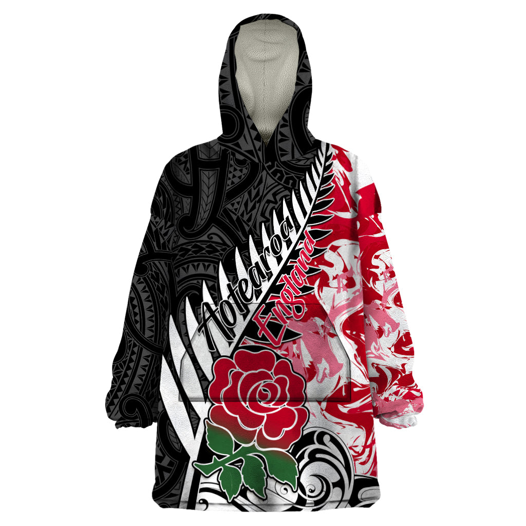 Custom New Zealand and England Rugby Wearable Blanket Hoodie Silver Fern With Red Rose World Cup 2023 - Wonder Print Shop