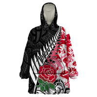 Custom New Zealand and England Rugby Wearable Blanket Hoodie Silver Fern With Red Rose World Cup 2023 - Wonder Print Shop