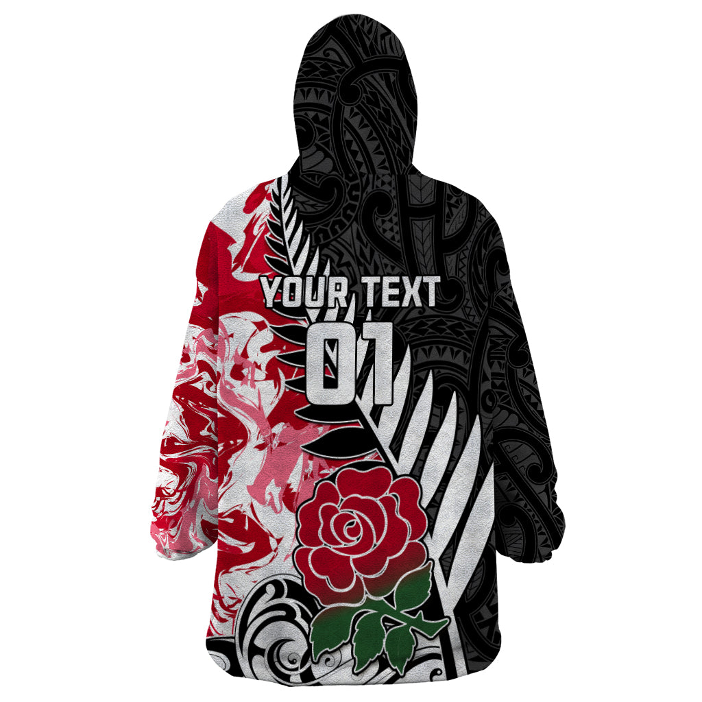 Custom New Zealand and England Rugby Wearable Blanket Hoodie Silver Fern With Red Rose World Cup 2023 - Wonder Print Shop