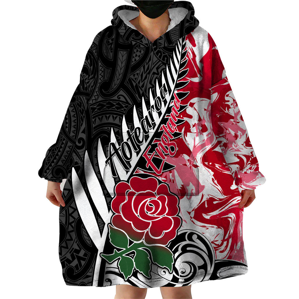 Custom New Zealand and England Rugby Wearable Blanket Hoodie Silver Fern With Red Rose World Cup 2023 - Wonder Print Shop