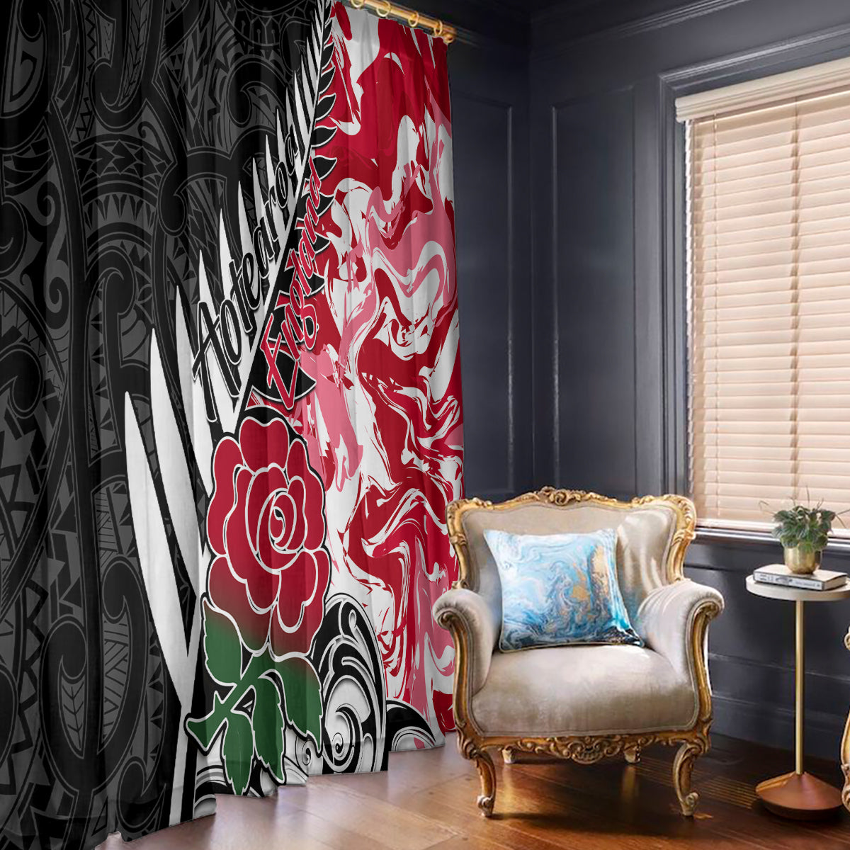Custom New Zealand and England Rugby Window Curtain Silver Fern With Red Rose World Cup 2023 - Wonder Print Shop