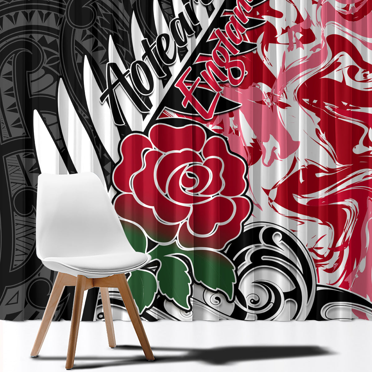 Custom New Zealand and England Rugby Window Curtain Silver Fern With Red Rose World Cup 2023 - Wonder Print Shop
