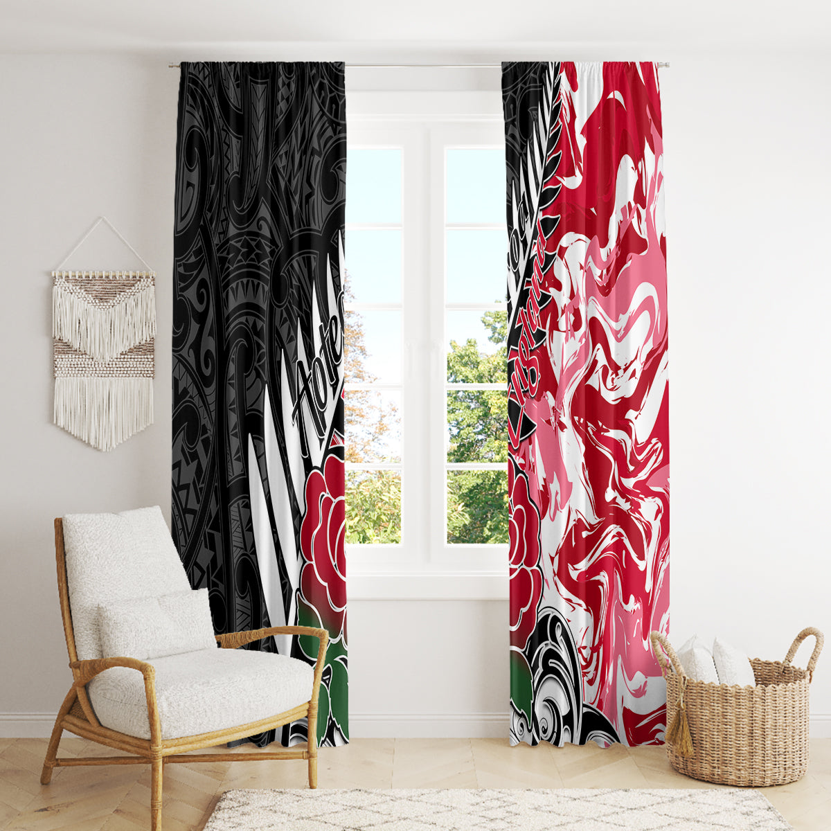 Custom New Zealand and England Rugby Window Curtain Silver Fern With Red Rose World Cup 2023 - Wonder Print Shop