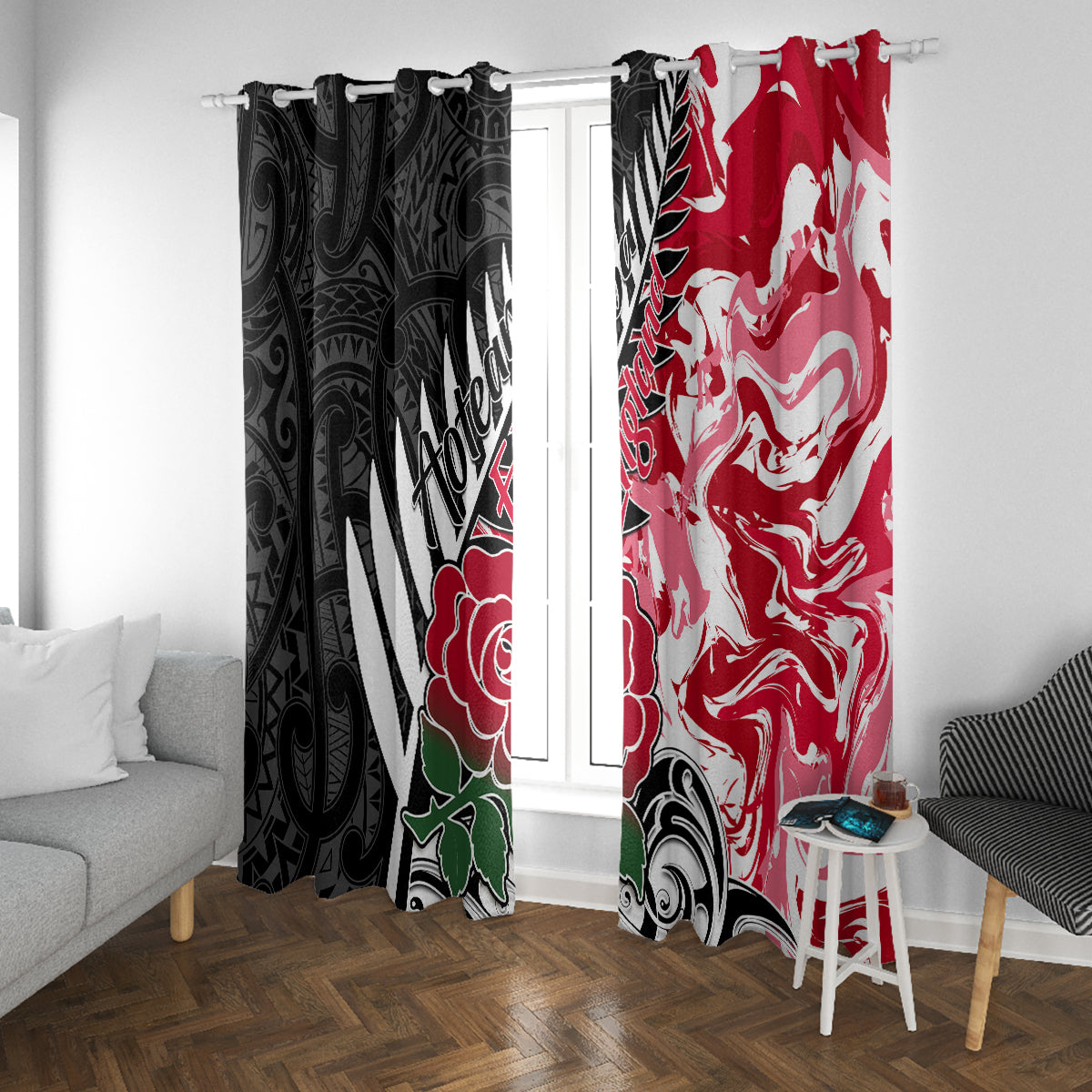 Custom New Zealand and England Rugby Window Curtain Silver Fern With Red Rose World Cup 2023 - Wonder Print Shop