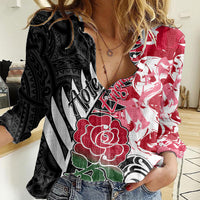 Custom New Zealand and England Rugby Women Casual Shirt Silver Fern With Red Rose World Cup 2023 - Wonder Print Shop