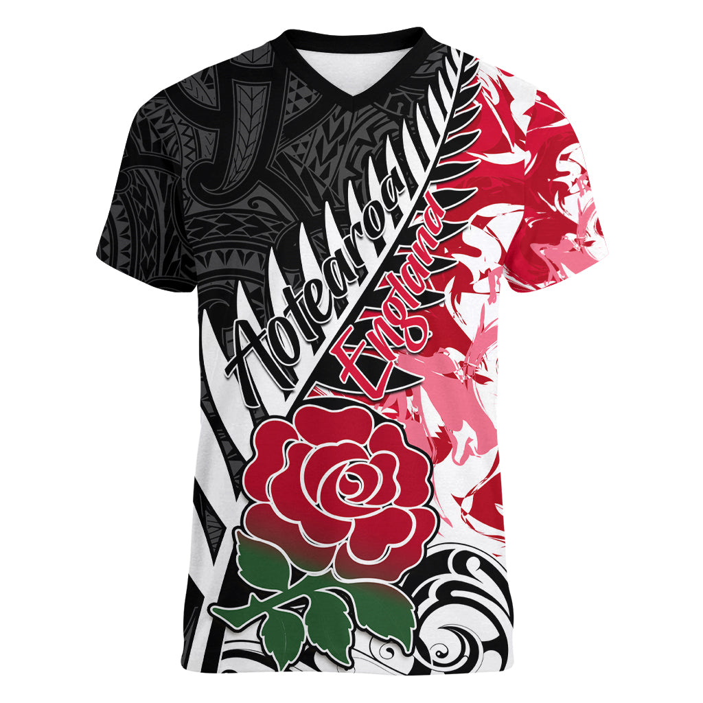 Custom New Zealand and England Rugby Women V Neck T Shirt Silver Fern With Red Rose World Cup 2023 - Wonder Print Shop
