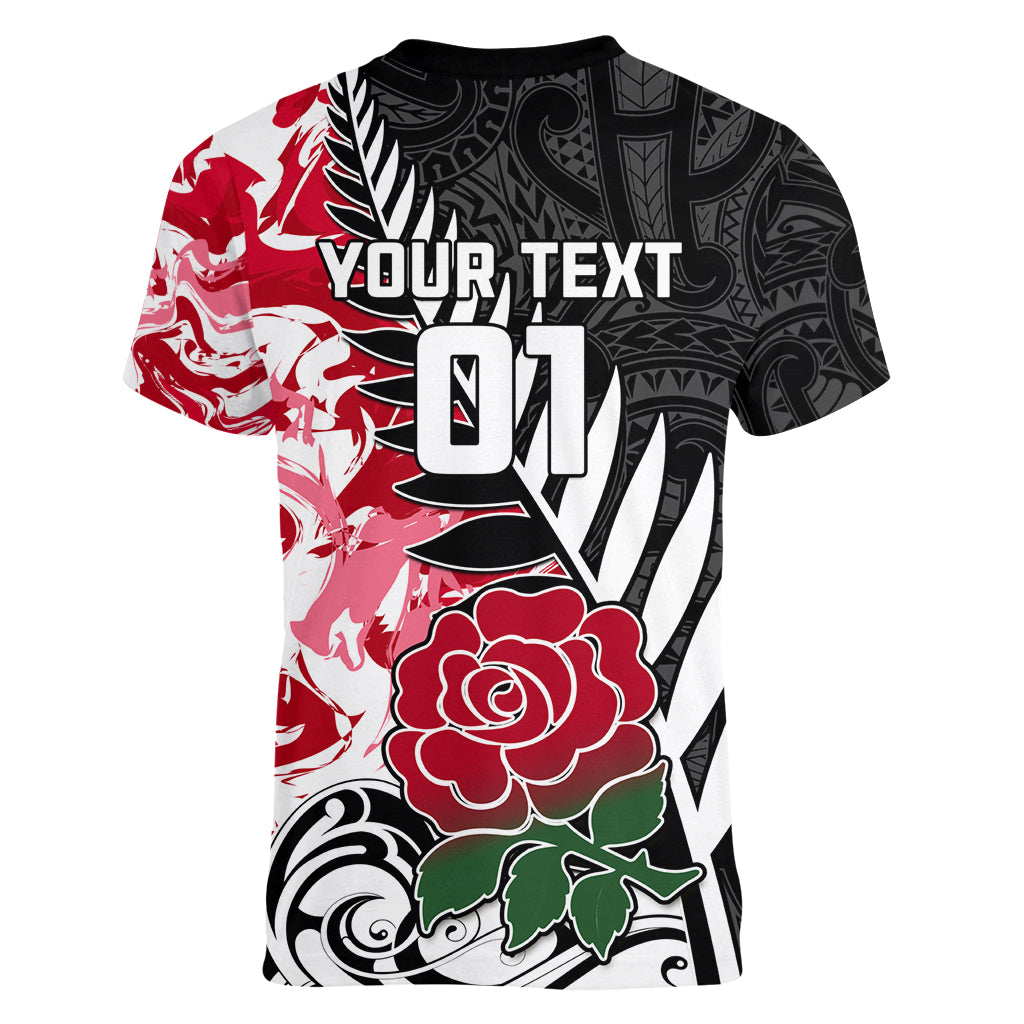 Custom New Zealand and England Rugby Women V Neck T Shirt Silver Fern With Red Rose World Cup 2023 - Wonder Print Shop