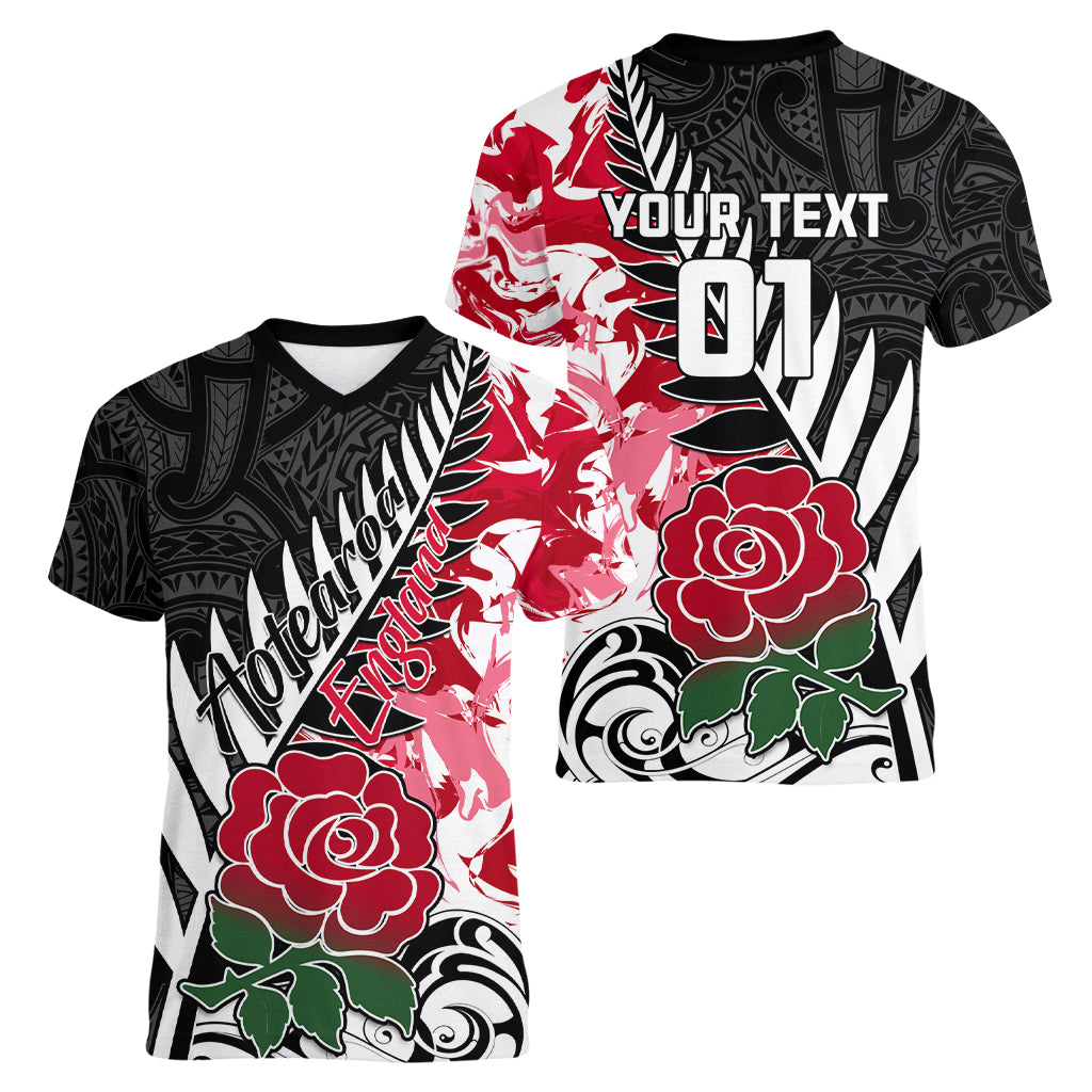 Custom New Zealand and England Rugby Women V Neck T Shirt Silver Fern With Red Rose World Cup 2023 - Wonder Print Shop