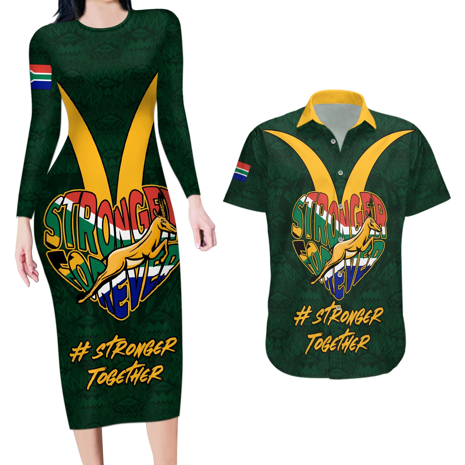 Custom South Africa Rugby Couples Matching Long Sleeve Bodycon Dress and Hawaiian Shirt Stronger Together Stronger Forever Bokke World Cup 2023 - Wonder Print Shop