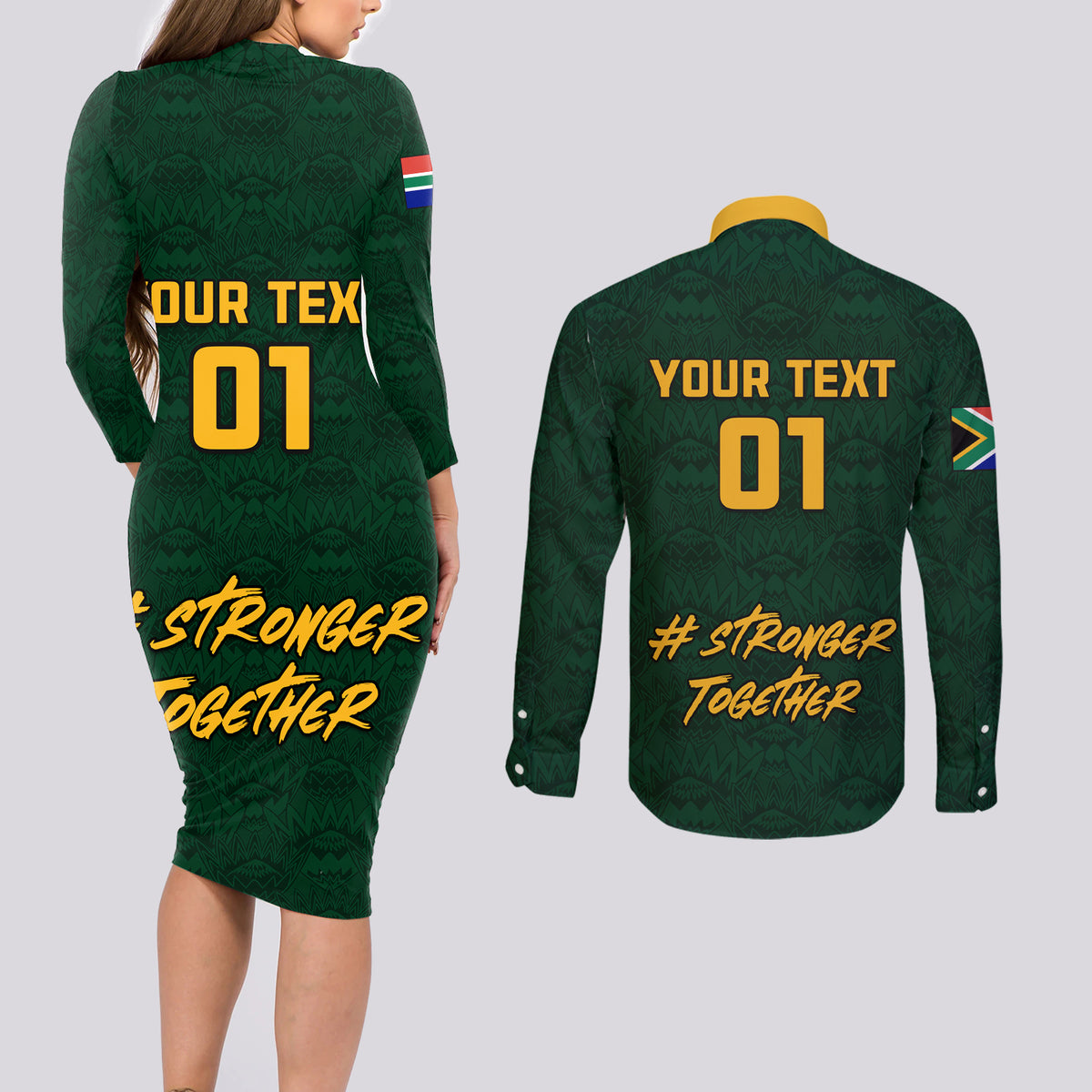 Custom South Africa Rugby Couples Matching Long Sleeve Bodycon Dress and Long Sleeve Button Shirt Stronger Together Stronger Forever Bokke World Cup 2023 - Wonder Print Shop