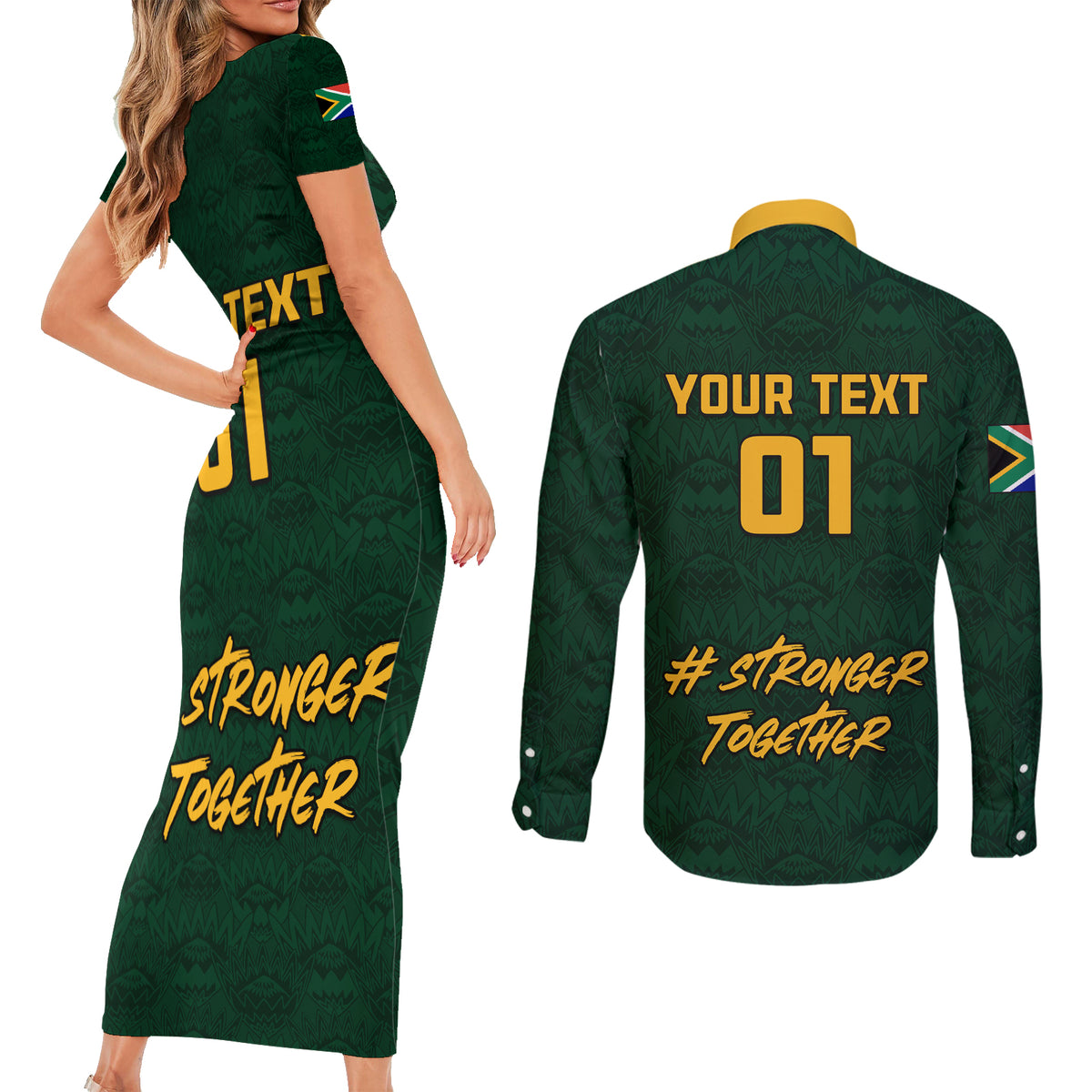 Custom South Africa Rugby Couples Matching Short Sleeve Bodycon Dress and Long Sleeve Button Shirt Stronger Together Stronger Forever Bokke World Cup 2023 - Wonder Print Shop