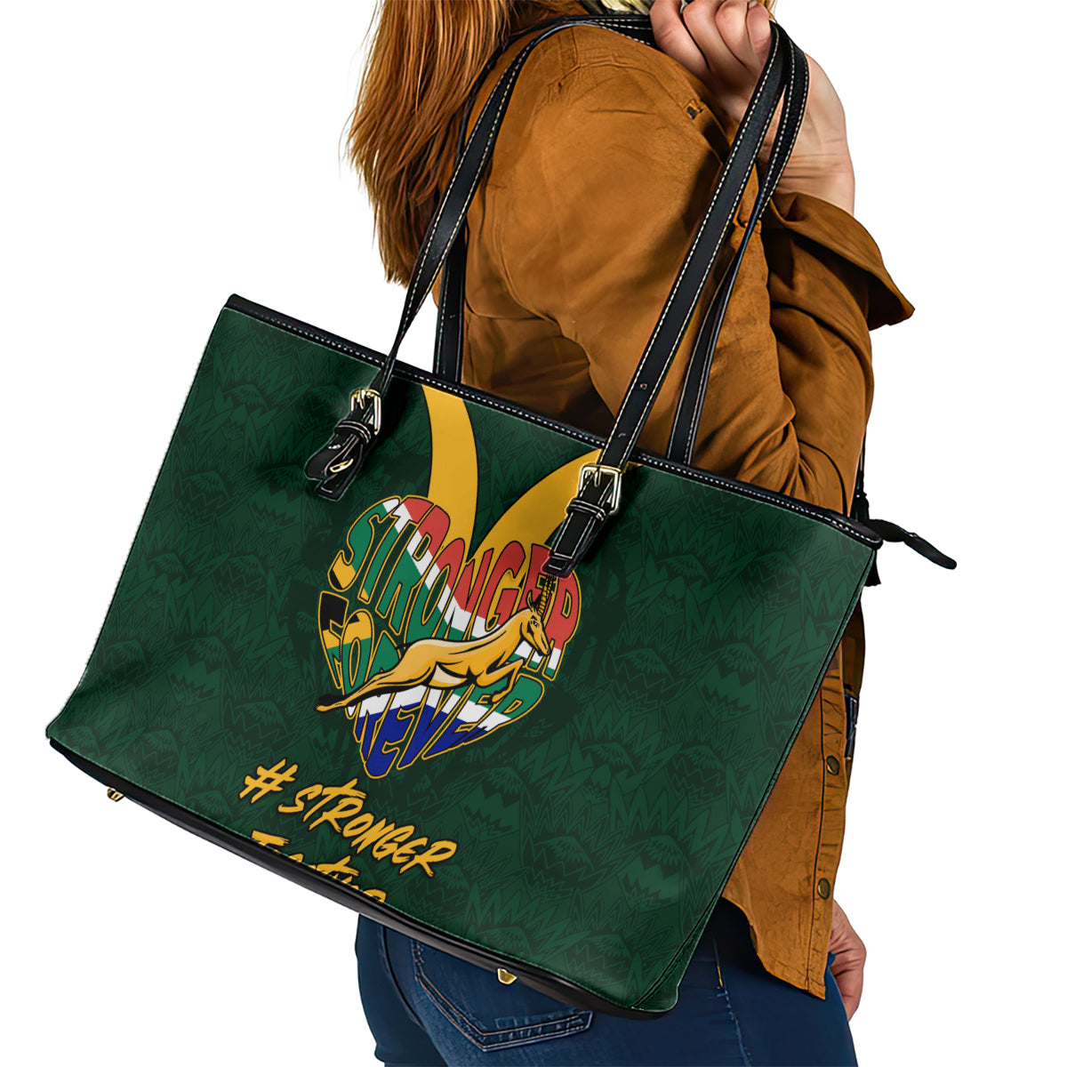 Custom South Africa Rugby Leather Tote Bag Stronger Together Stronger Forever Bokke World Cup 2023 - Wonder Print Shop