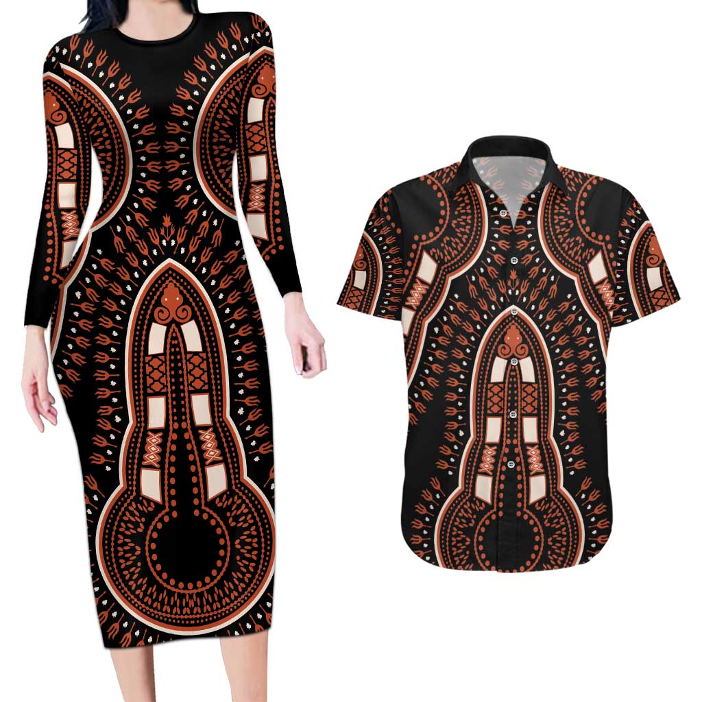 African Dashiki Pattern Vintage Couples Matching Long Sleeve Bodycon Dress and Hawaiian Shirt - Wonder Print Shop