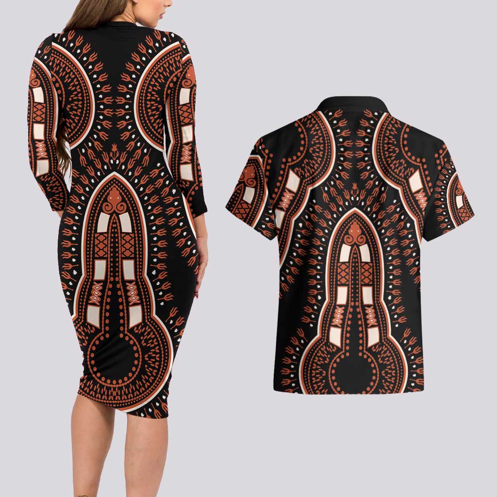 African Dashiki Pattern Vintage Couples Matching Long Sleeve Bodycon Dress and Hawaiian Shirt - Wonder Print Shop