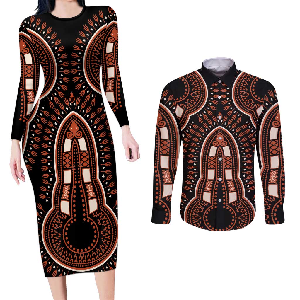 African Dashiki Pattern Vintage Couples Matching Long Sleeve Bodycon Dress and Long Sleeve Button Shirt - Wonder Print Shop
