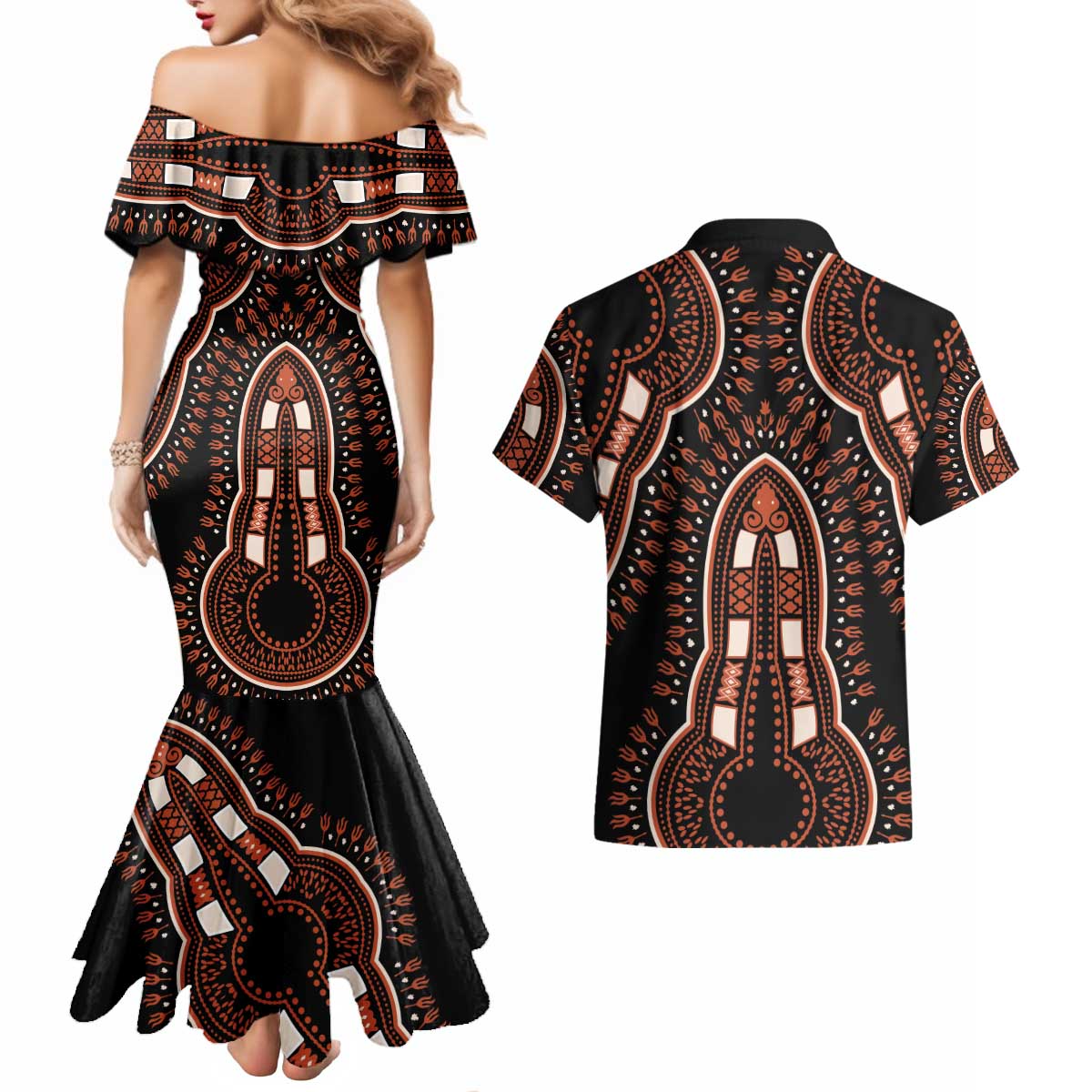 African Dashiki Pattern Vintage Couples Matching Mermaid Dress and Hawaiian Shirt - Wonder Print Shop