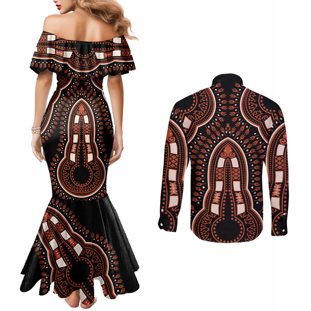 African Dashiki Pattern Vintage Couples Matching Mermaid Dress and Long Sleeve Button Shirt