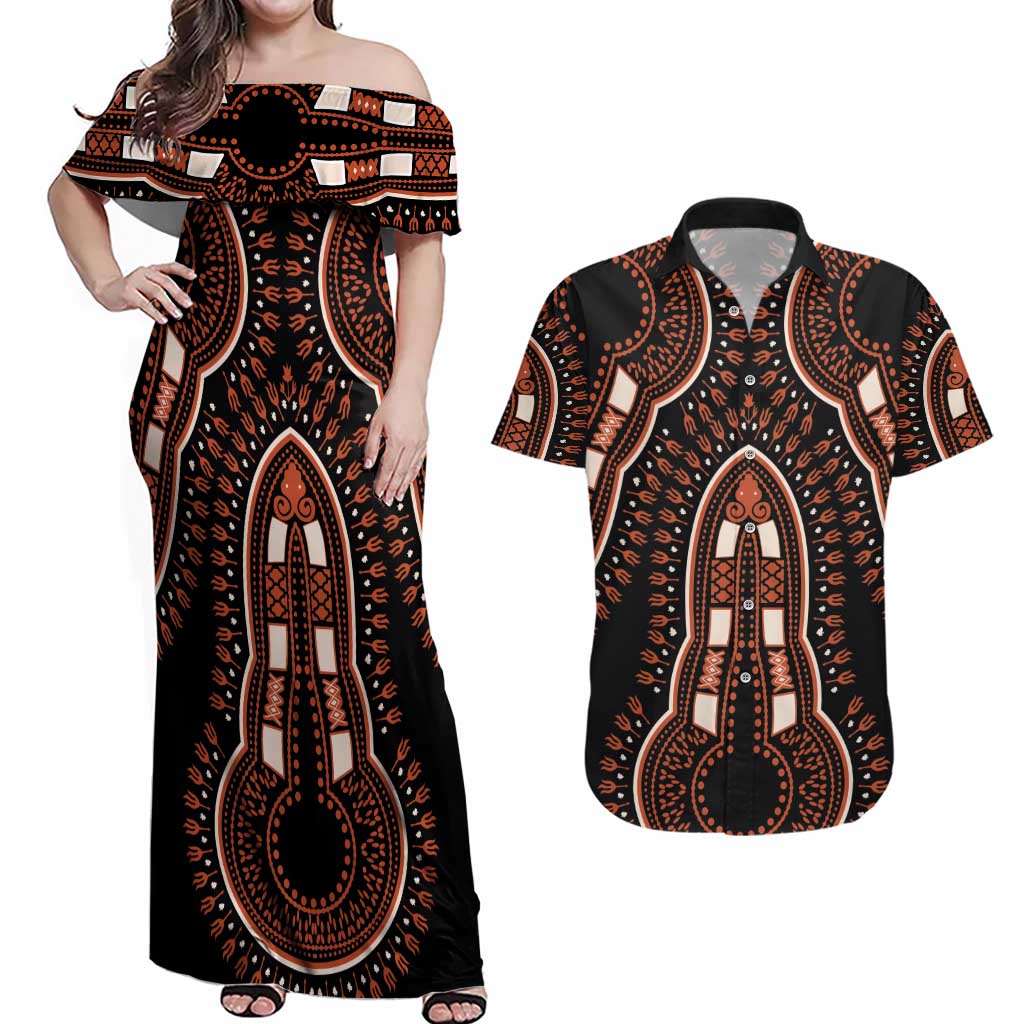 African Dashiki Pattern Vintage Couples Matching Off Shoulder Maxi Dress and Hawaiian Shirt - Wonder Print Shop