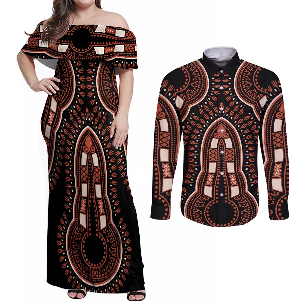 African Dashiki Pattern Vintage Couples Matching Off Shoulder Maxi Dress and Long Sleeve Button Shirt - Wonder Print Shop