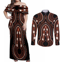African Dashiki Pattern Vintage Couples Matching Off Shoulder Maxi Dress and Long Sleeve Button Shirt - Wonder Print Shop