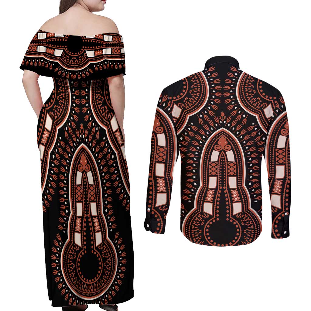 African Dashiki Pattern Vintage Couples Matching Off Shoulder Maxi Dress and Long Sleeve Button Shirt - Wonder Print Shop