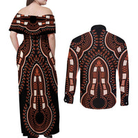 African Dashiki Pattern Vintage Couples Matching Off Shoulder Maxi Dress and Long Sleeve Button Shirt - Wonder Print Shop