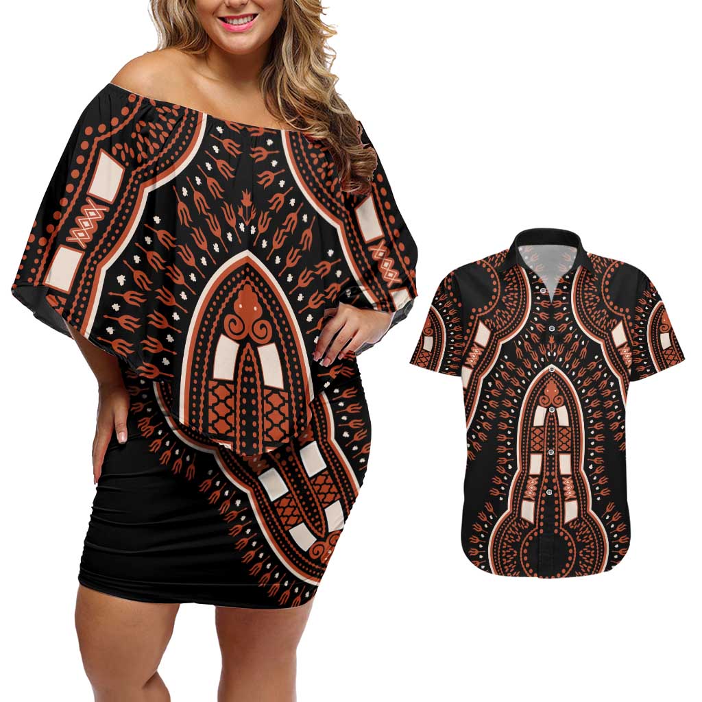 African Dashiki Pattern Vintage Couples Matching Off Shoulder Short Dress and Hawaiian Shirt - Wonder Print Shop