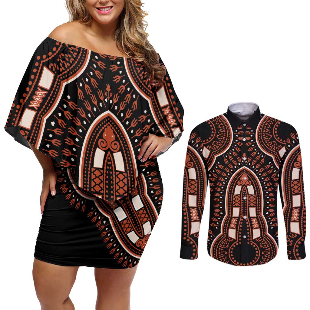 African Dashiki Pattern Vintage Couples Matching Off Shoulder Short Dress and Long Sleeve Button Shirt - Wonder Print Shop