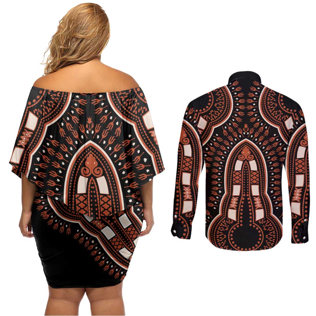 African Dashiki Pattern Vintage Couples Matching Off Shoulder Short Dress and Long Sleeve Button Shirt - Wonder Print Shop