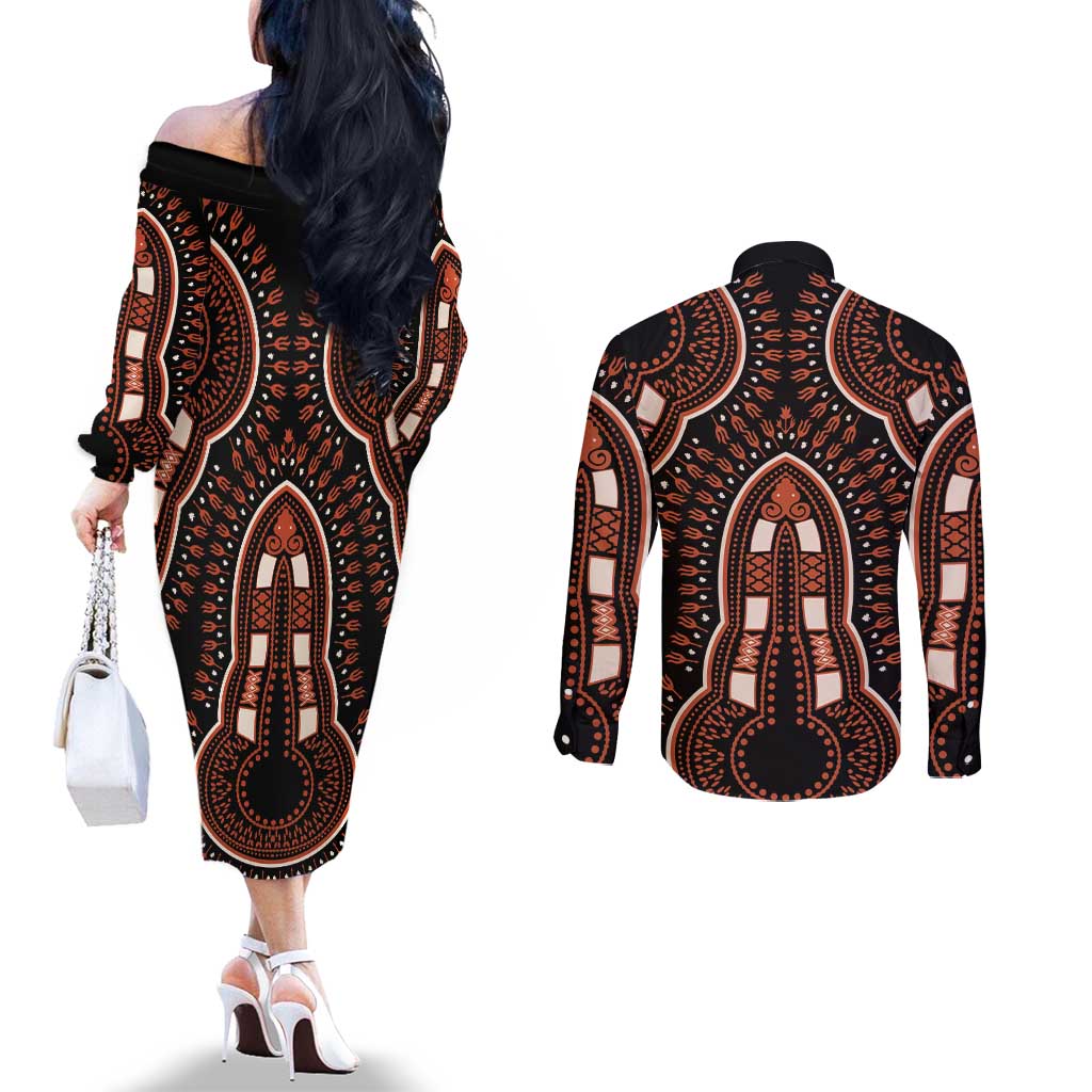 African Dashiki Pattern Vintage Couples Matching Off The Shoulder Long Sleeve Dress and Long Sleeve Button Shirt