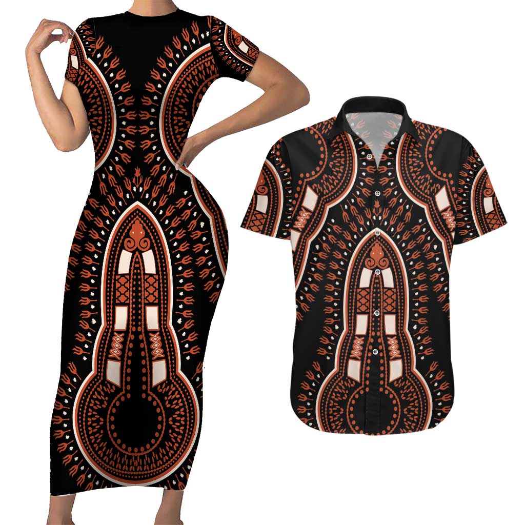 African Dashiki Pattern Vintage Couples Matching Short Sleeve Bodycon Dress and Hawaiian Shirt - Wonder Print Shop
