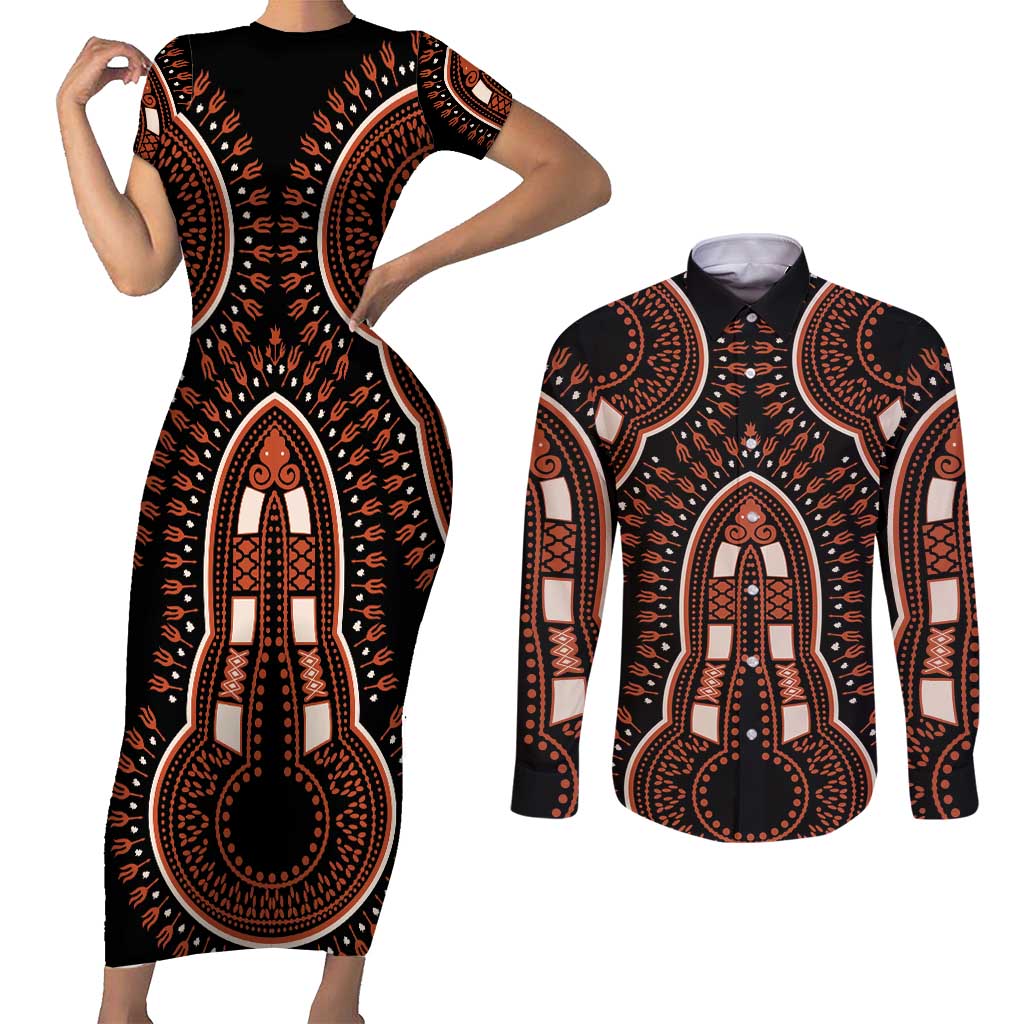 African Dashiki Pattern Vintage Couples Matching Short Sleeve Bodycon Dress and Long Sleeve Button Shirt - Wonder Print Shop