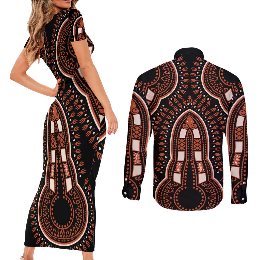 African Dashiki Pattern Vintage Couples Matching Short Sleeve Bodycon Dress and Long Sleeve Button Shirt - Wonder Print Shop