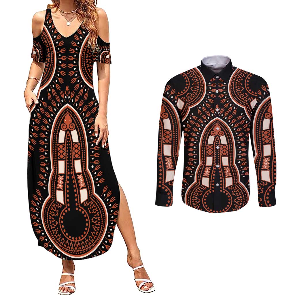 African Dashiki Pattern Vintage Couples Matching Summer Maxi Dress and Long Sleeve Button Shirt - Wonder Print Shop