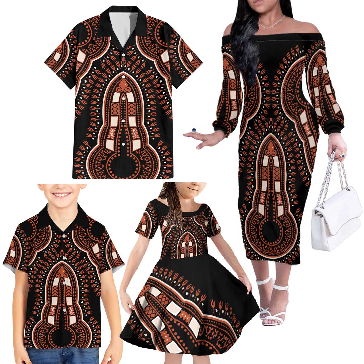 African Dashiki Pattern Vintage Family Matching Off The Shoulder Long Sleeve Dress and Hawaiian Shirt - Wonder Print Shop