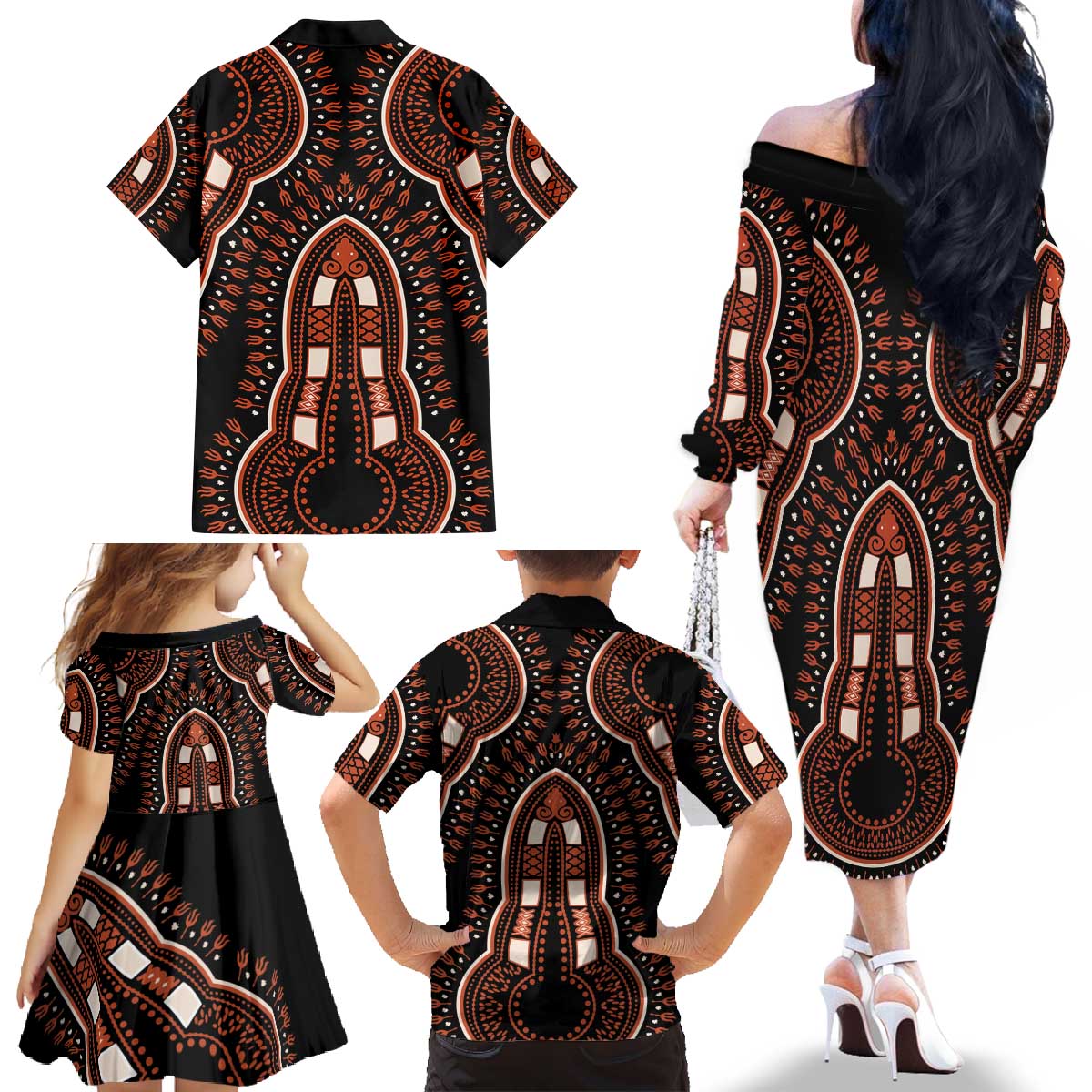 African Dashiki Pattern Vintage Family Matching Off The Shoulder Long Sleeve Dress and Hawaiian Shirt - Wonder Print Shop
