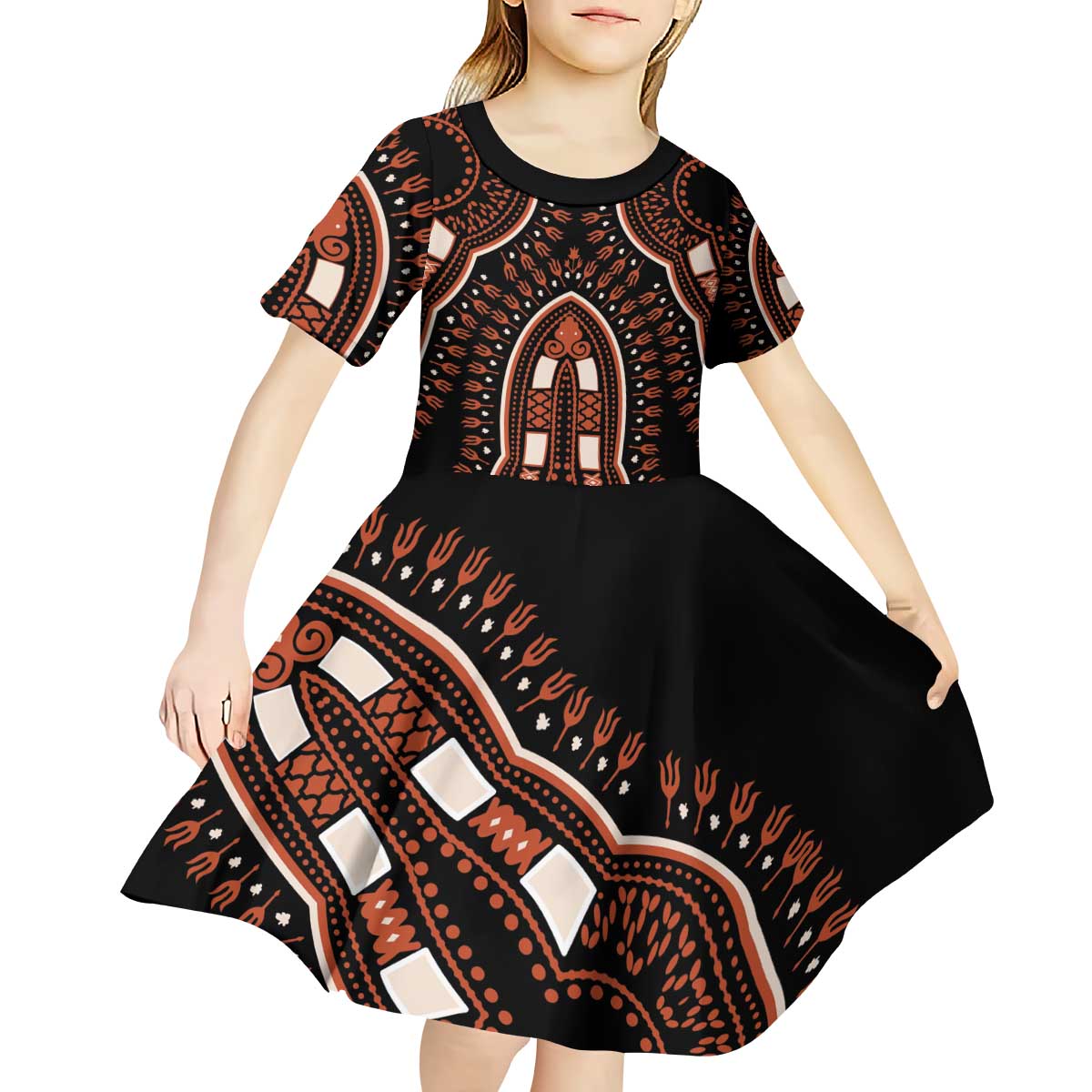 African Dashiki Pattern Vintage Kid Short Sleeve Dress - Wonder Print Shop