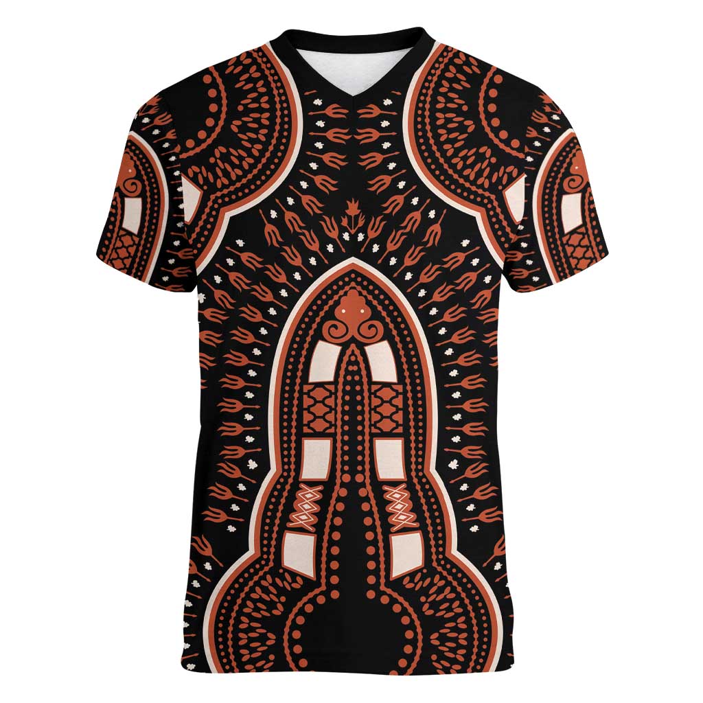 African Dashiki Pattern Vintage Women V-Neck T-Shirt - Wonder Print Shop