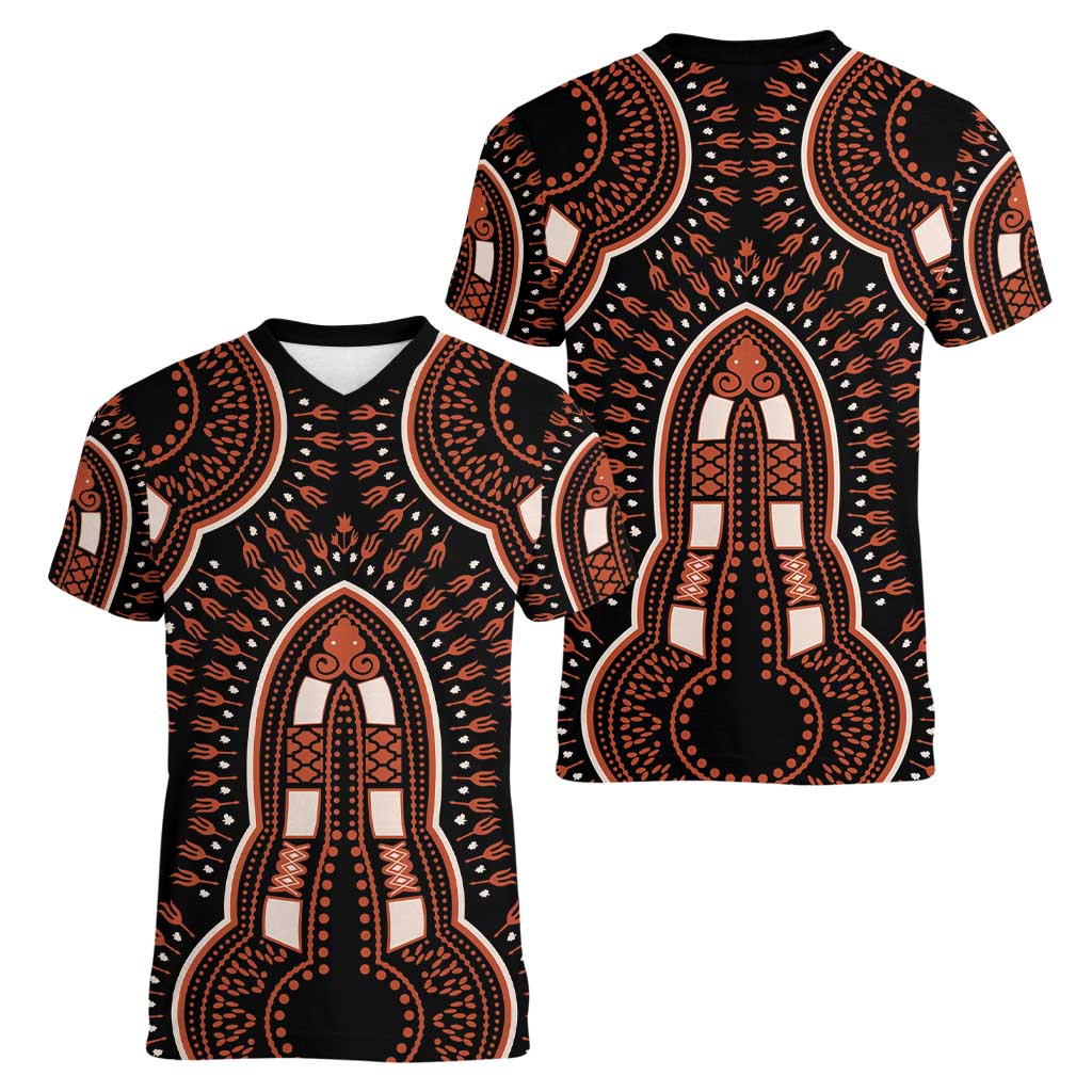 African Dashiki Pattern Vintage Women V-Neck T-Shirt - Wonder Print Shop