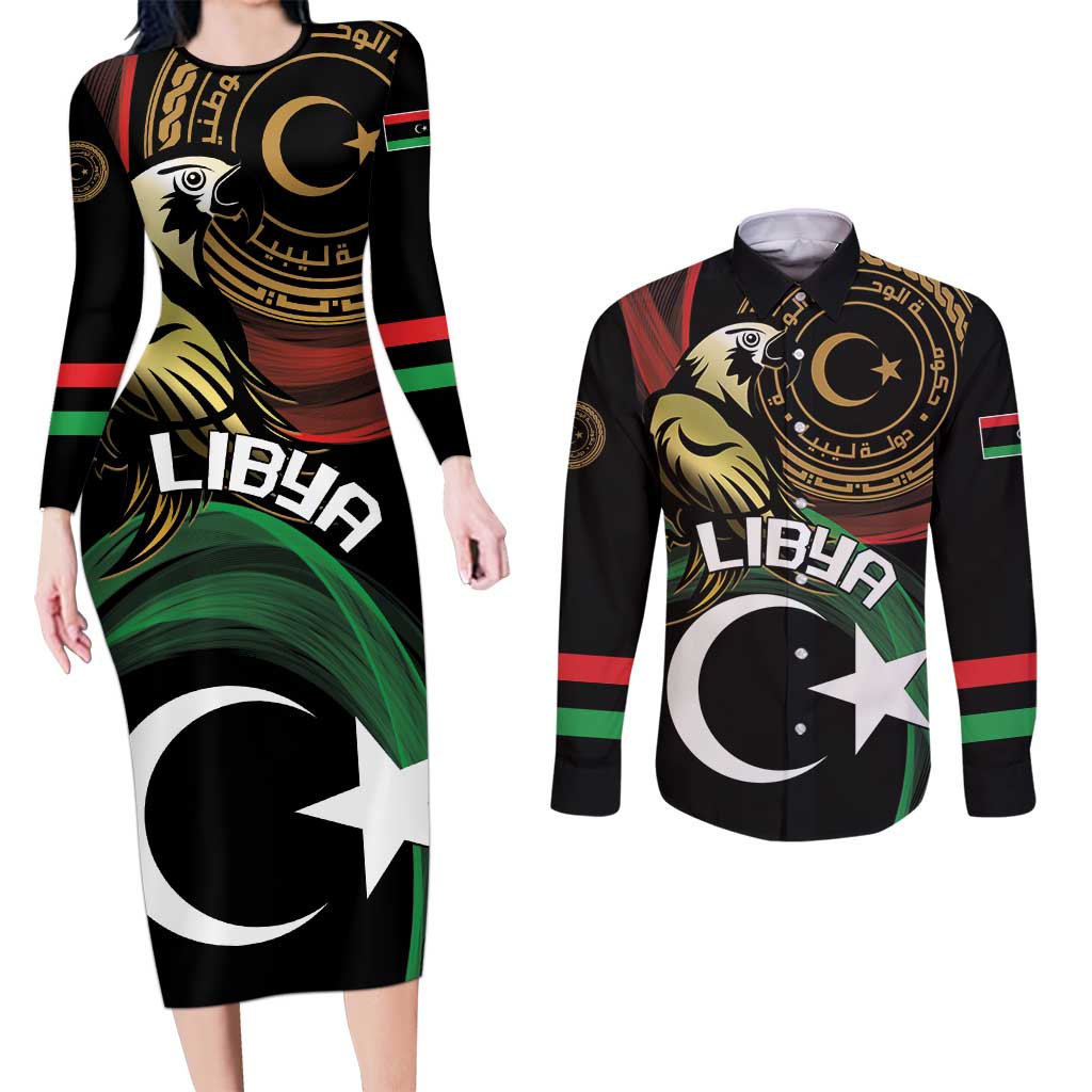 Personalized Libya Couples Matching Long Sleeve Bodycon Dress and Long Sleeve Button Shirt White Star And Crescent - Wonder Print Shop
