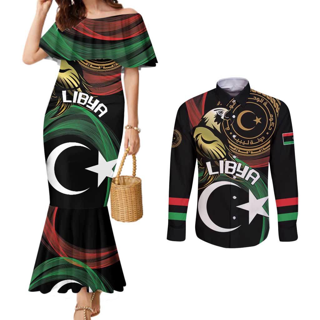 Personalized Libya Couples Matching Mermaid Dress and Long Sleeve Button Shirt White Star And Crescent