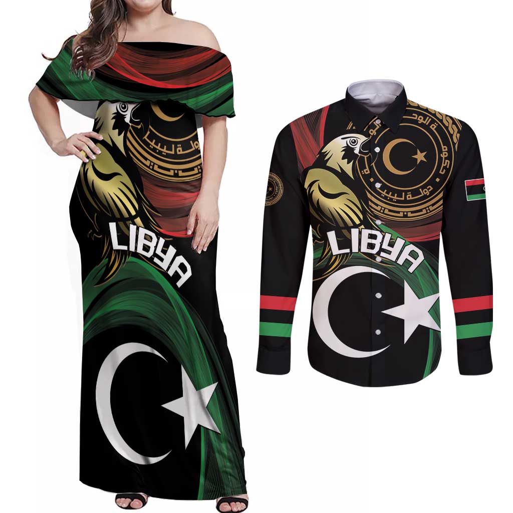 Personalized Libya Couples Matching Off Shoulder Maxi Dress and Long Sleeve Button Shirt White Star And Crescent - Wonder Print Shop