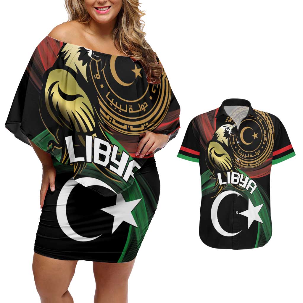 Personalized Libya Couples Matching Off Shoulder Short Dress and Hawaiian Shirt White Star And Crescent - Wonder Print Shop