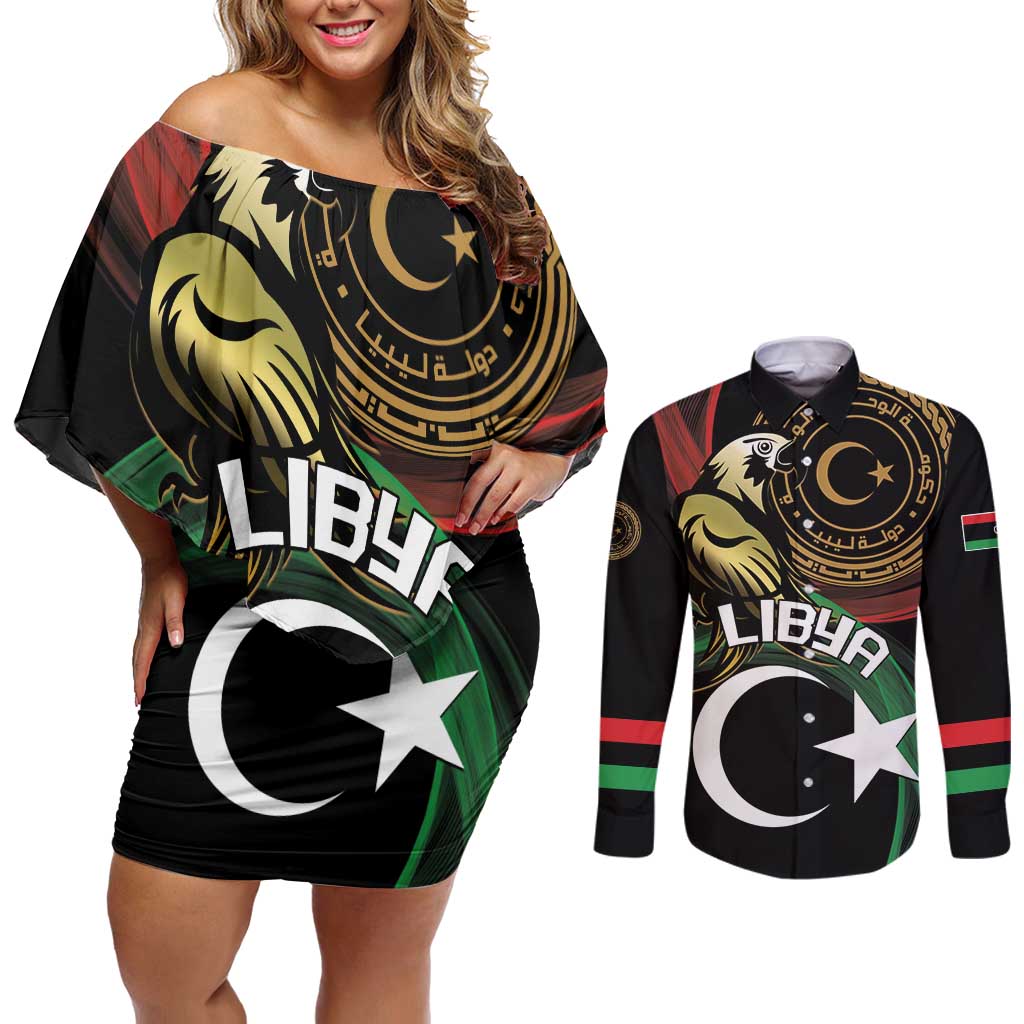 Personalized Libya Couples Matching Off Shoulder Short Dress and Long Sleeve Button Shirt White Star And Crescent - Wonder Print Shop