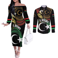 Personalized Libya Couples Matching Off The Shoulder Long Sleeve Dress and Long Sleeve Button Shirt White Star And Crescent
