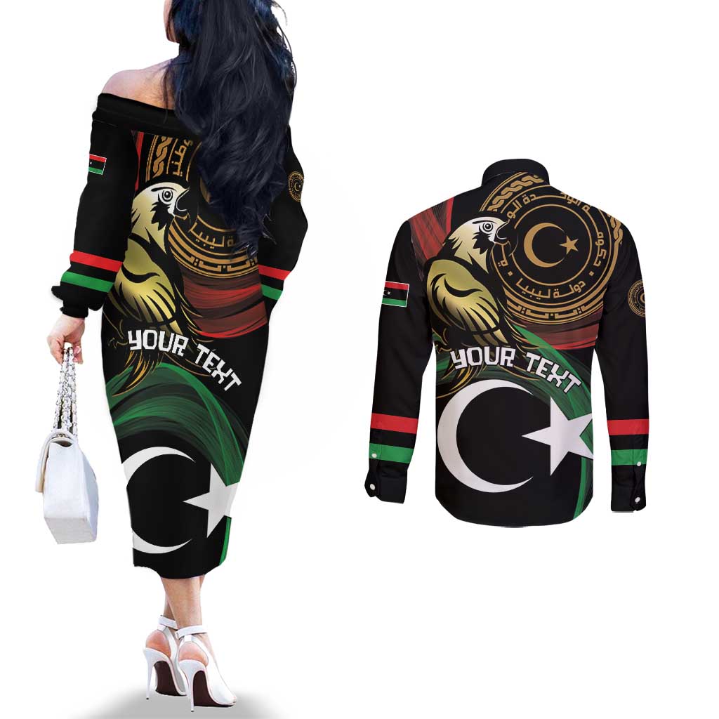 Personalized Libya Couples Matching Off The Shoulder Long Sleeve Dress and Long Sleeve Button Shirt White Star And Crescent