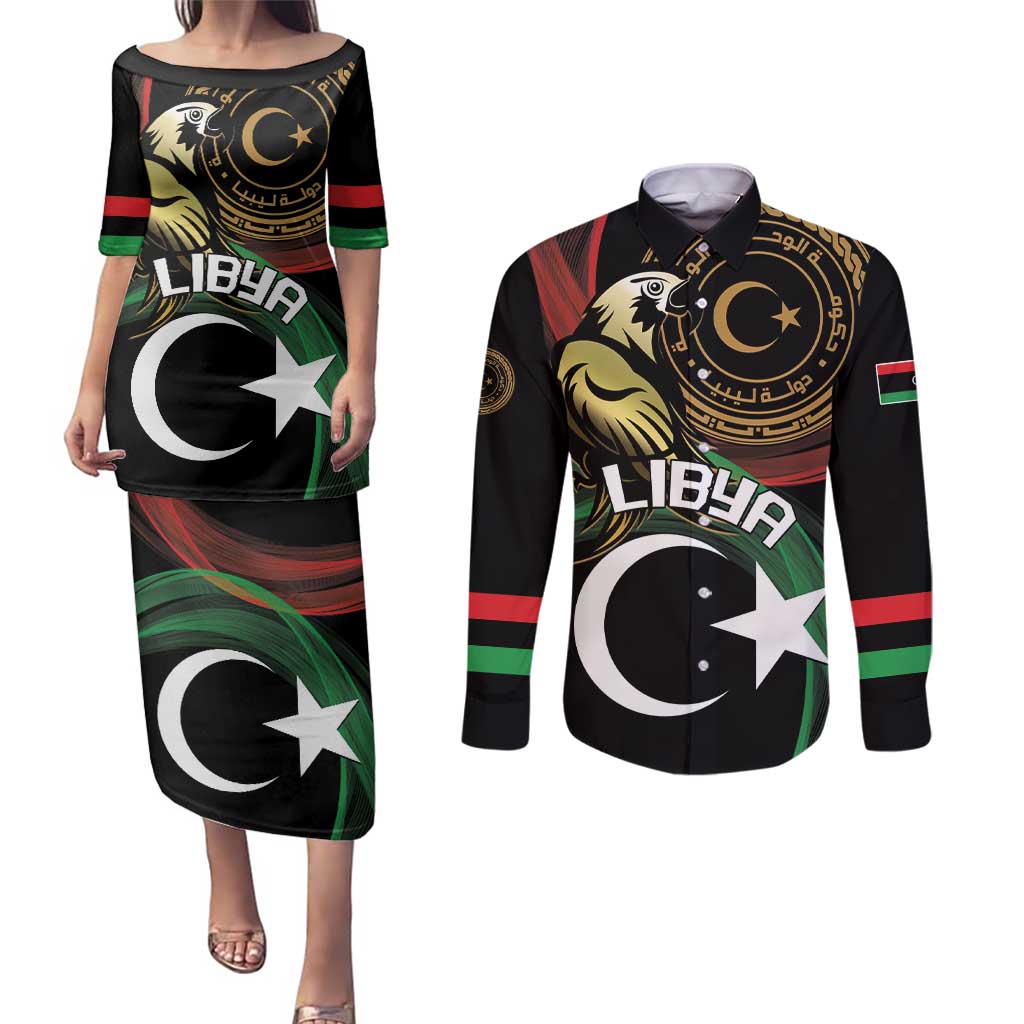 Personalized Libya Couples Matching Puletasi and Long Sleeve Button Shirt White Star And Crescent - Wonder Print Shop