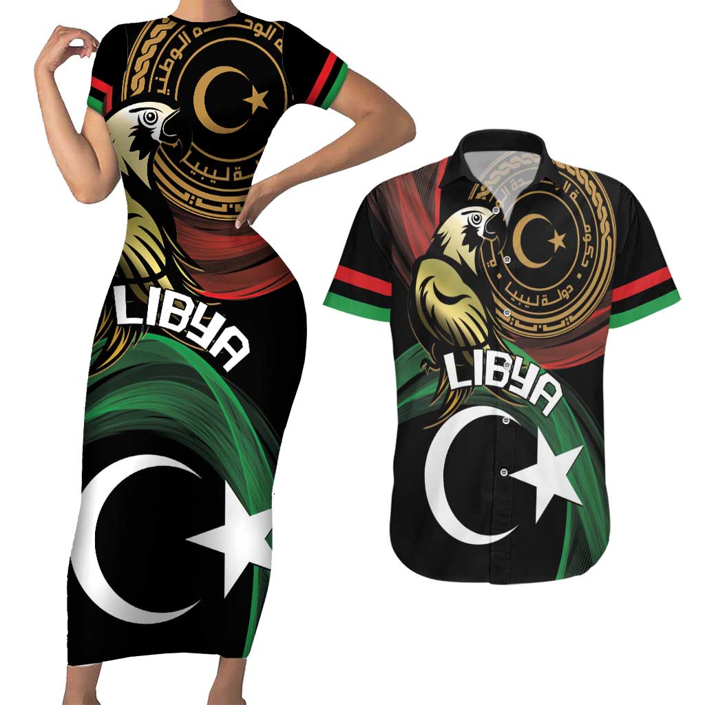 Personalized Libya Couples Matching Short Sleeve Bodycon Dress and Hawaiian Shirt White Star And Crescent - Wonder Print Shop